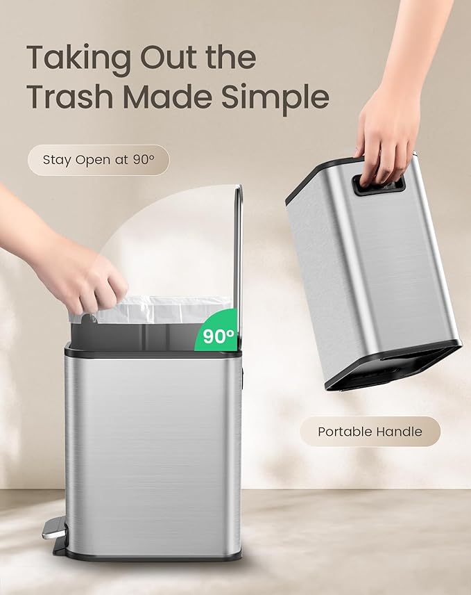Cesun Small Bathroom Trash Can with Lid Soft Close Step Pedal 5 Liter / 1.3 Gallon Stainless Steel Garbage Can with Removable Inner Bucket Waste Basket for Bathroom Bedroom (Silver)