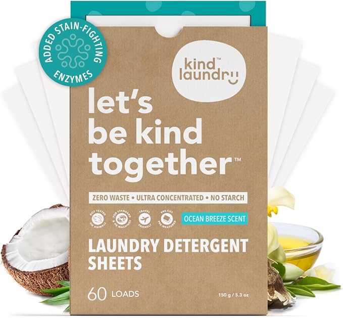 Kind Laundry In Wash Scent Booster Beads and Detergent Sheets - Ocean Breeze - 100% Plant Based - Natural Laundry Booster Beads &amp Detergent Sheets - Environment Friendly Odor Eliminator (60 Loads)