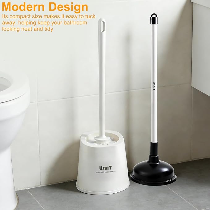 Toilet Brush with Plunger Set Black Plastic 2 Piece Bathroom Cleaning Tool Kit with Holder