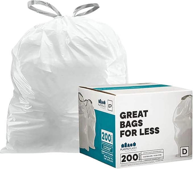 Plasticplace Trash Bags Compatible with simplehuman Code D (200 Count) White Drawstring Garbage Liners 5.3 Gallon / 20 Liter 15.75 x 28