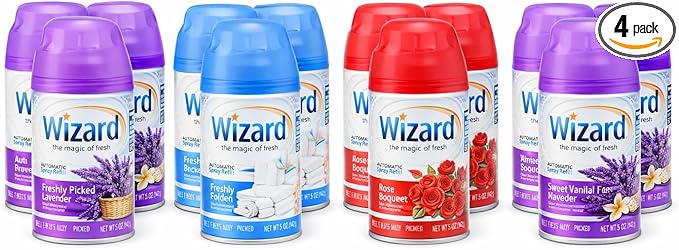 Wizard Automatic Spray Refill Fresh &amp Clean Variety Pack 12-Count (Freshly Folded Linen Freshly Picked Lavender Sweet Vanilla Lavender Rose Bouquet) Compatible with Air Wick &amp Glade Spray