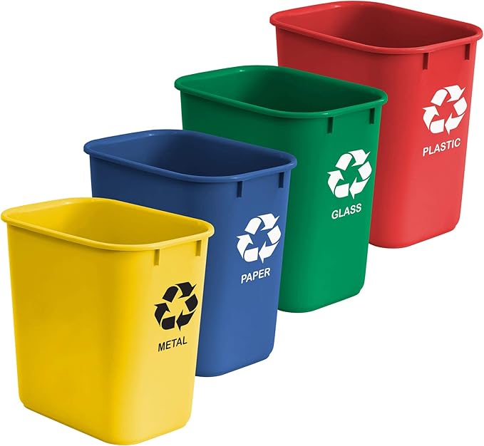 Acrimet Wastebasket Bin for Recycling 6.75 Gallon/ 27 Quart/ 25.552 Liter (Made of Plastic) (Metal/Yellow Paper/Blue Glass/Green Plastic/Red) (Set of 4)