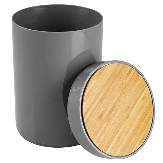 mDesign Plastic Round Trash Can Small Wastebasket - Garbage Bin Container with Swing-Close Lid - Bathroom Garbage Basket - Holds Waste Recycling - 1.3 Gallon - Basa Collection - Charcoal Gray/Natural
