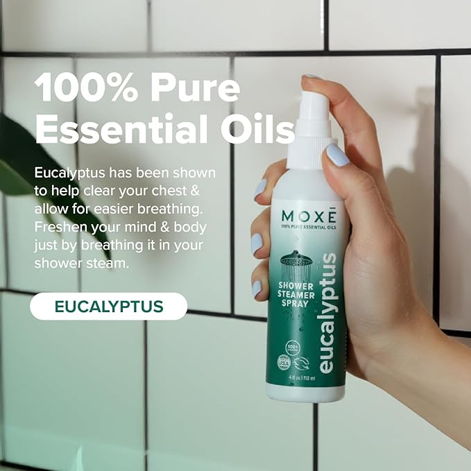 MOXE Shower Mist Spa Steam Spray Certified Natural Essential Oils Aromatherapy Calming Relief (Lavander and Eucalyptus 4 Fl Oz (Pack of 2))