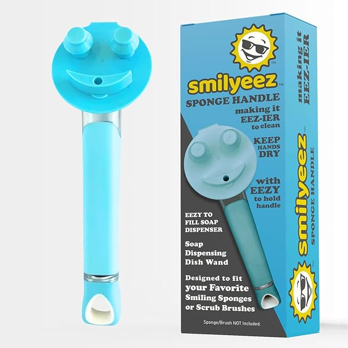 The Original Smiling Sponge Handle Soap Dispensing Handle by Smilyeez for The Smiling Sponge with Smilyeez Caddy &amp Dishwand with 2 Scrub Brushes (Light Blue)
