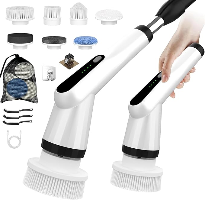 WKY-Electric Spin Scrubber - Upgraded 12-in-1 IPX7 Waterproof Shower Scrubber Retractable Handle &amp 2-Speed for Toilet Bathroom Bathtub Tile Floors