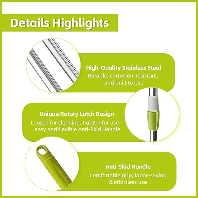 Spin Mop Replacement Handle 47.6-inch 360 Degrees Rotating Telescopic Replacement Mop Stick with a Robust Stainless Steel Disc for Spin Mop Bucket Cleaning System (Stainless Steel DiscGreen)