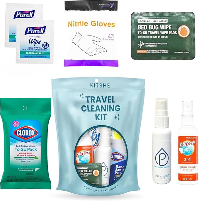 Travel Cleaning Supplies Kit - Travel Size Cleaning Supplies For Hotels Bathrooms with Gloves Surface Wipe Fabric Cleaner Air Cleaner Hand Wipes Bed Bug Wipes