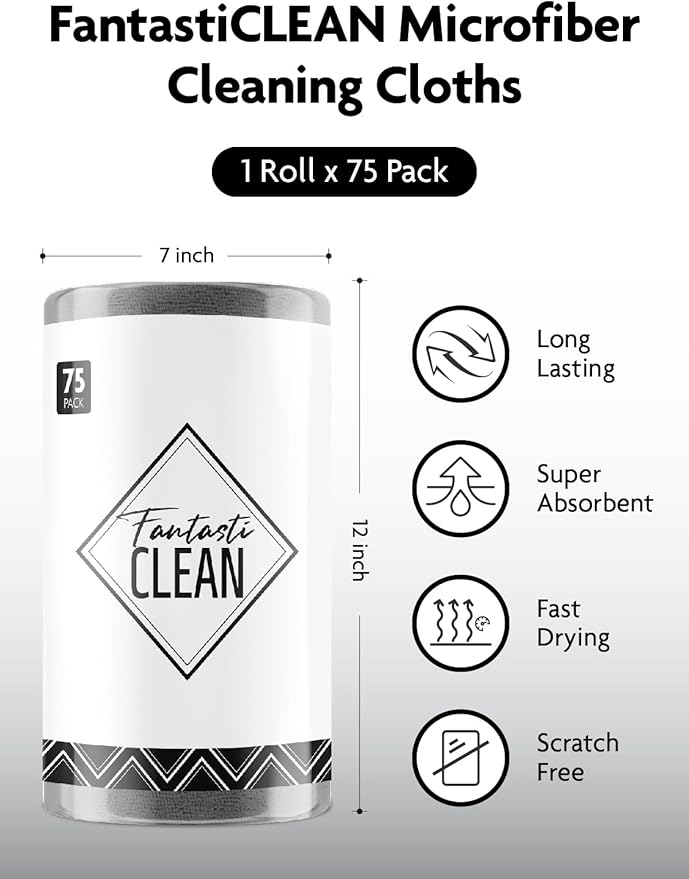 Fantasticlean Microfiber Cleaning Cloth Roll -75 Pack Tear Away Microfiber Towels 12 x 12 Reusable Washable Scratch Free Ultra Absorbent for All-Around Cleaning Supplies (DimGray)