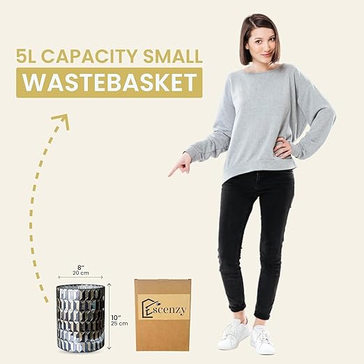Escenzy Modern Bathroom Trash Can Mosaic Glass 6L | Decorative Small Garbage Can | 8 x 10 | Luxury Waste Basket for Restroom Office Bedroom &amp Kitchen | Shiny Black and Gold Bathroom Accessorie