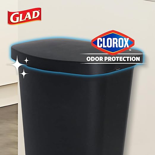 Glad 13 Gallon Trash Can | Plastic Kitchen Waste Bin with Odor Protection of Lid | Hands Free with Step On Foot Pedal and Garbage Bag Rings Black