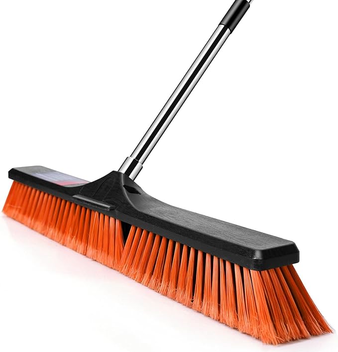 24 Push Broom Heavy Duty Outdoor Commercial Broom for Cleaning with 55 Long Handle and Stiff Bristles for Driveway Garage Yard Patio Warehouse Concrete Floor CleaningOrange