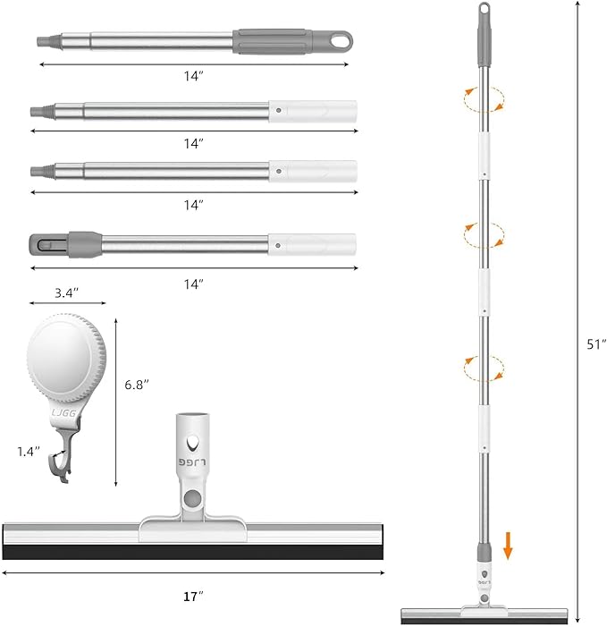 LGJJ Floor Spatula Broom 17 Rubber Spatula with 51 Aluminum Rod for Bathroom Tile Garage Concrete Deck Shower Glass Window Cleaner Spatula Broom for Home Flooring