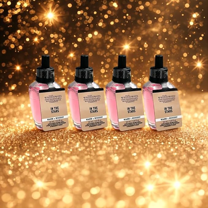 Bath &amp Body Works IN THE STARS Wallflowers Refills 4-Pack – Gift Set with 30-Inch Metallic Gold &amp Silver Striped Ribbon Bow for Holidays – 0.8 fl oz Each