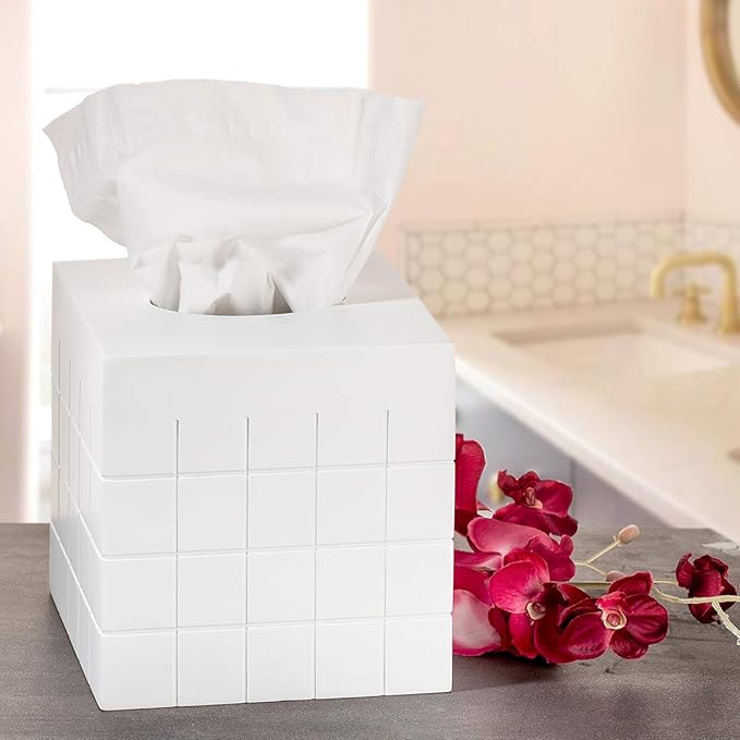Creative Scents Polar White Tissue Box Cover Square – Decorative Tissue Holder for Bathroom Tissue Box Holder with Wide Opening - White Bathroom Accessories