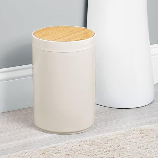 mDesign Plastic Round Trash Can Small Wastebasket - Garbage Bin Container with Swing-Close Lid - Bathroom Garbage Basket - Holds Waste Recycling - 1.3 Gallon - Basa Collection - Cream/Beige/Natural