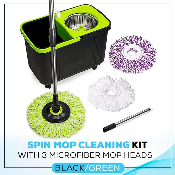 Simpli-Magic 360° Spin Mop and Bucket with Wringer – 3 High-Absorbent Microfiber Washable Heads Soap Dispenser – Spinning Mop and Bucket Set for All Types Floor Cleaning