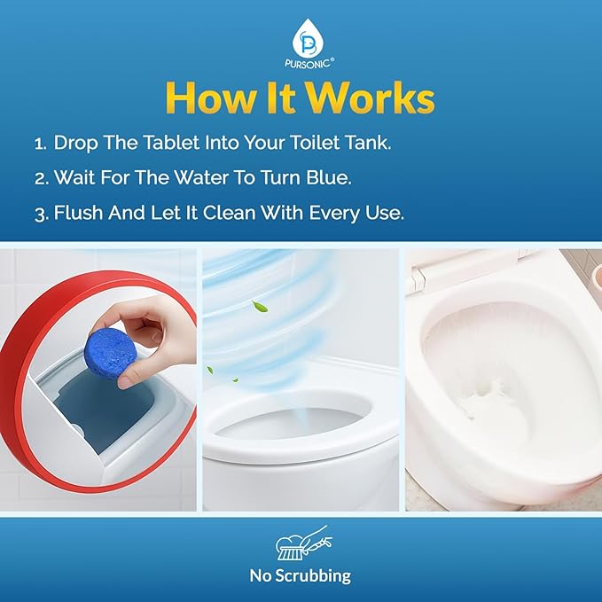 Pursonic Automatic Toilet Bowl Cleaner 48 Tablets 4 Year Supply - Blue Gel Toilet Tank Cleaners Long-Lasting - Septic-Safe Hard Water Ring Stain Remover Smell Eliminator Deodorizer Fresh Scent