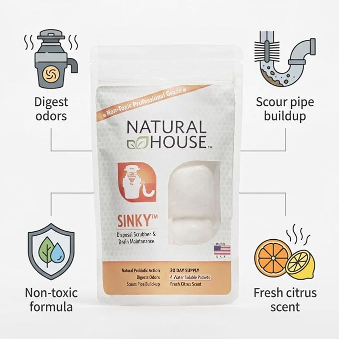 Natural House Sinky - Probiotic Garbage Disposal &amp Drain Cleaner Pods - Breaks Down Grease - Citrus Scent - Septic Safe - 60 Count