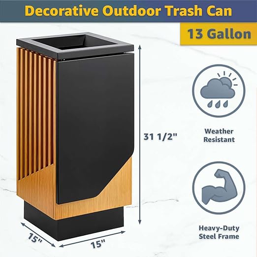 13 Gallon Commercial Outdoor Trash Can - Square Decorative Waste Bin with Steel &amp Wood Composite Design Hinged Lid Open Top Garbage Can for Retail Stores Hotel Lobbies Airports