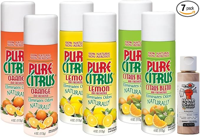Pure Citrus Non-Aerosol Air Freshener Spray 4 oz (Orange Lemon &amp Citrus Blend) 2 Packs Each Bundled with 1 Pack DU-MOST Walnut Hand Scrub Travel Size 4 oz