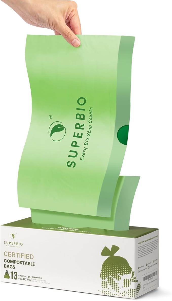 SUPERBIO 13 Gallon Compostable Drawstring Kitchen Waste Bag 49.2 Liter 30 Count1 Mil Heavy Duty Food Scrap Bags BPI Seedling and OK compost INDUSTRIAL