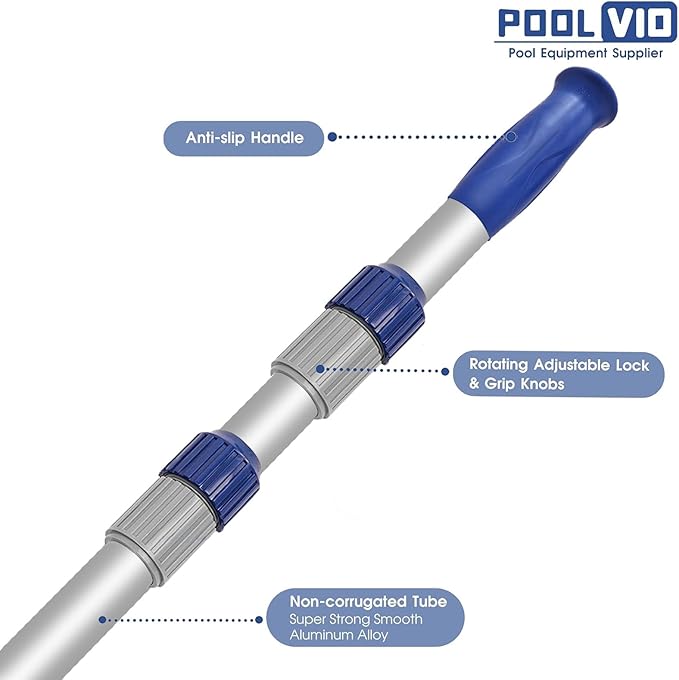 Poolvio 15 FT Telescopic Pool Pole - Adjustable 3 Piece Aluminum Pool Skimmer Pole for Pool Cleaning Skimmer Nets Vacuum Heads &amp Brushes Strong Grip &amp Lock