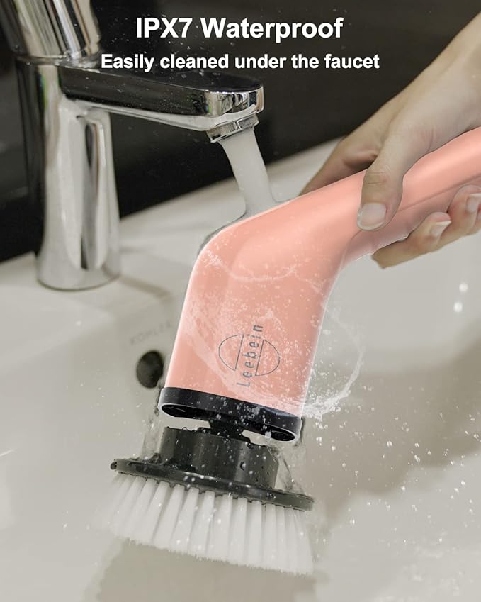 Leebein Electric Spin Scrubber Cordless Powerful Scrub Brush for Cleaning Bathroom Kitchen Shower Tub and Floor Tile with Adjustable Extension Long Handle and 8 Replaceable Brush Heads(Rose)