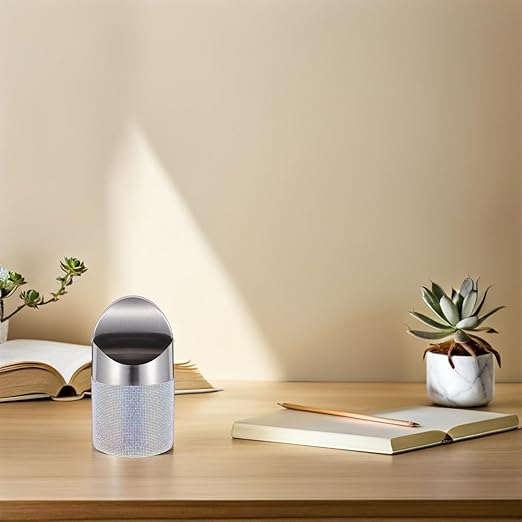 TOYANDONA Mini Trash Can with Flip Lid Stainless Steel Round Desktop Wastebasket with Colorful Rhinestones Compact Garbage Bin for Bedroom Office Small Spaces