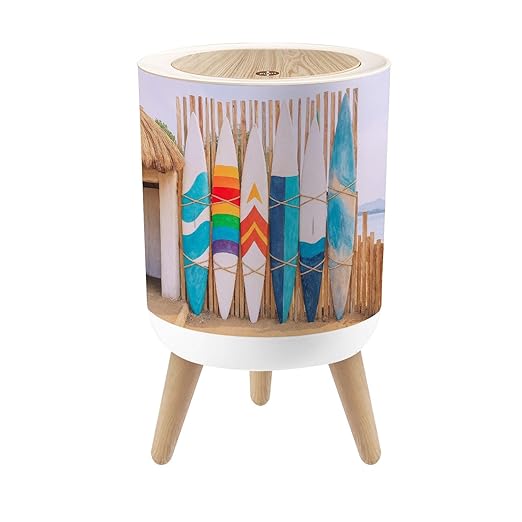 Bathroom Trash Can with Lid Wooden Vintage Surfboard Bamboo Fence Stands Sand Garbage Bin Waste Basket for Kitchen Office Bedroom Decoration Diaper Pail 1.8 Gallon