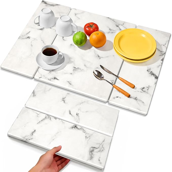 Large Stone Drying Mat for Kitchen Counter Foldable Quick Dry Dish Drying Mat 24x16 Water Absorbent Diatomaceous Earth Mats for Bottles Cups Dishes Modern Kitchen Essentials (White)