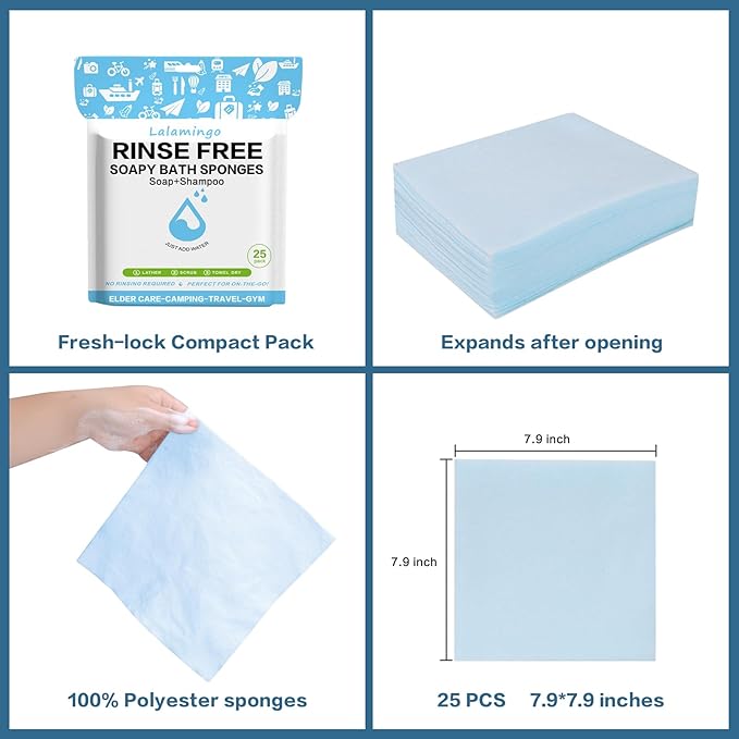 8 Pack Disposable Rinse Free Bath Sponges No Rinse Bathing Wipes for Adults Soap Infused Dry Shower Wipes for Elderly Bedridden Camping Post Surgery(200PCS)