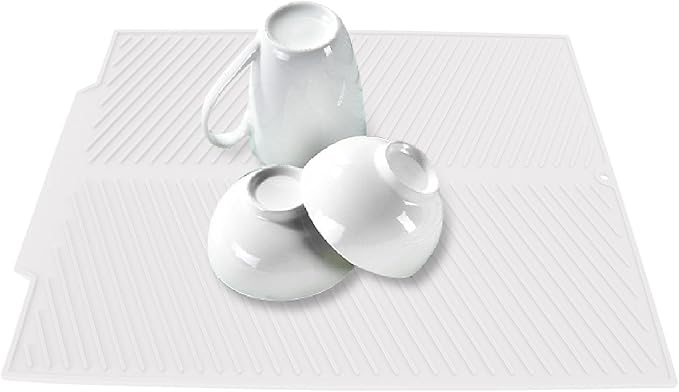 Draining Board Mat Non Slip Silicone Dish Drying Mat Flume Drain Board Drainer Mat for Kitchen Countertop Tabletop Accessories (White)