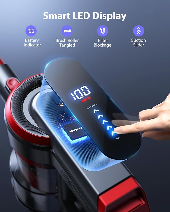 Cordless Vacuum Cleaner Stick Cordless Vacuum with LED Touch Screen Anti-Tangle Vacuum Cleaner with Charging Station for Carpet Hard Floor Pet Hair