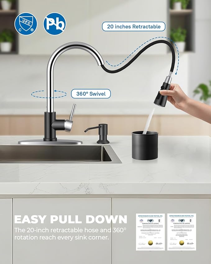 WEWE Kitchen Faucet with Soap Dispenser and Pull Down Sprayer RV Single Handle Classic 3 Modes Stainless Steel Faucet for Kitchen Sink RV Black and Polished Chrome