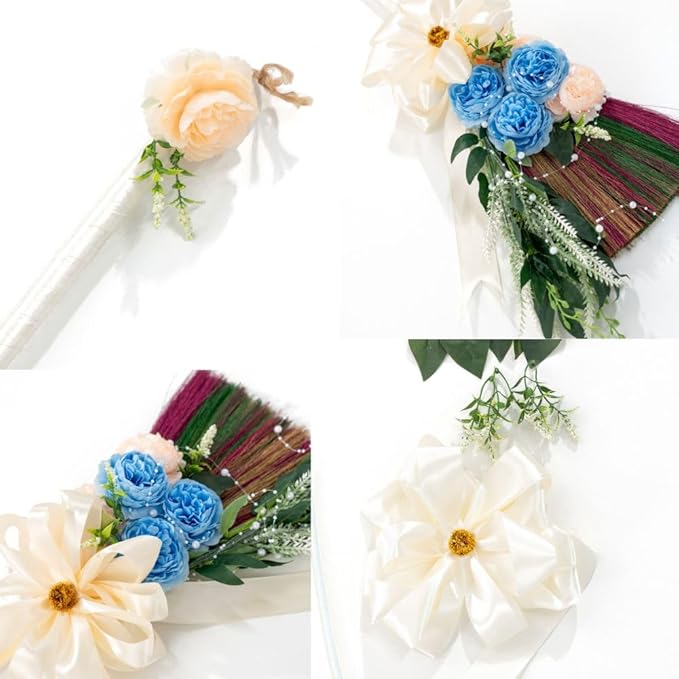 Elegant Wedding Brooms Bride Bridegroom Jumping The Broom for Wedding Natural Whisk Broom with Ribbons Artificial Pearl LeavesRoses for Decorative