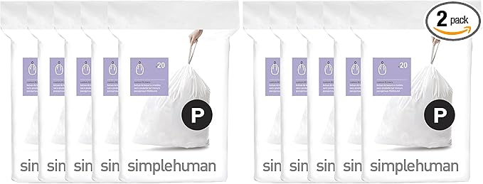 simplehuman Code PDispenser Pack Custom Fit LinersDrawstring Trash Bags50-60 Liter / 13-16 GallonWhite100 Count (Pack of 2)