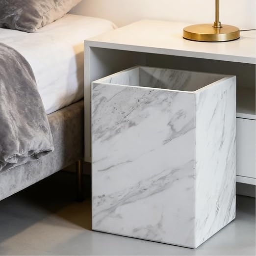 White Marble Wastebasket Natural Rectangular Trash Can Luxury Durable Real Stone Storage Basket Elegant Garbage Container for Bathroom Home Office Living Room