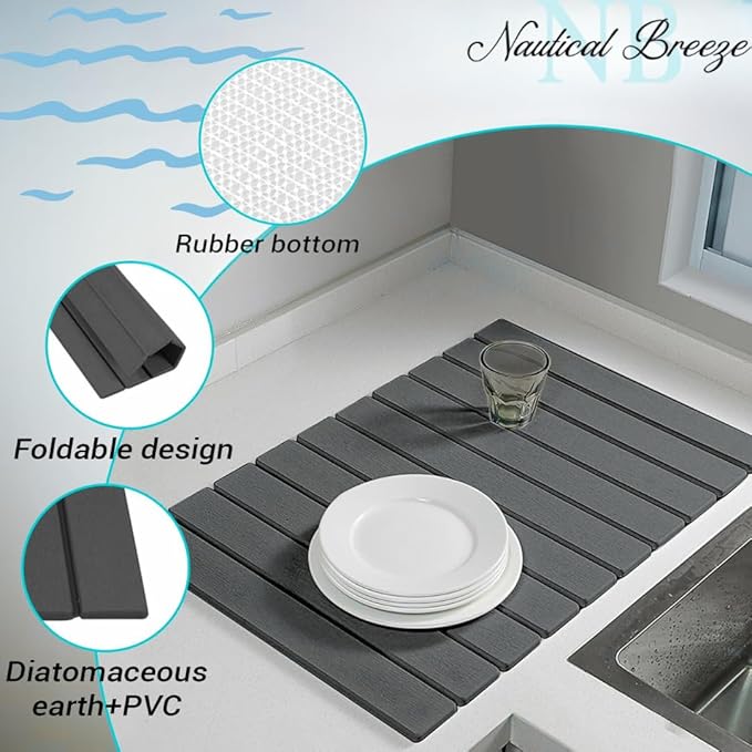 Roll-Up Stone Mat - Premium Diatomaceous Earth Dish Drying Rack Water Absorbent Roll-Out Dish Drying Mat for Kitchen Countertops Eco-Friendly Quick-Dry Surface