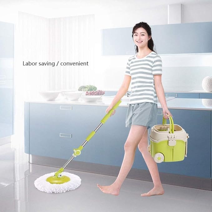 MopSpin Bucket Floor Cleaning System with Extended Adjustable Handle and Microfiber Pads
