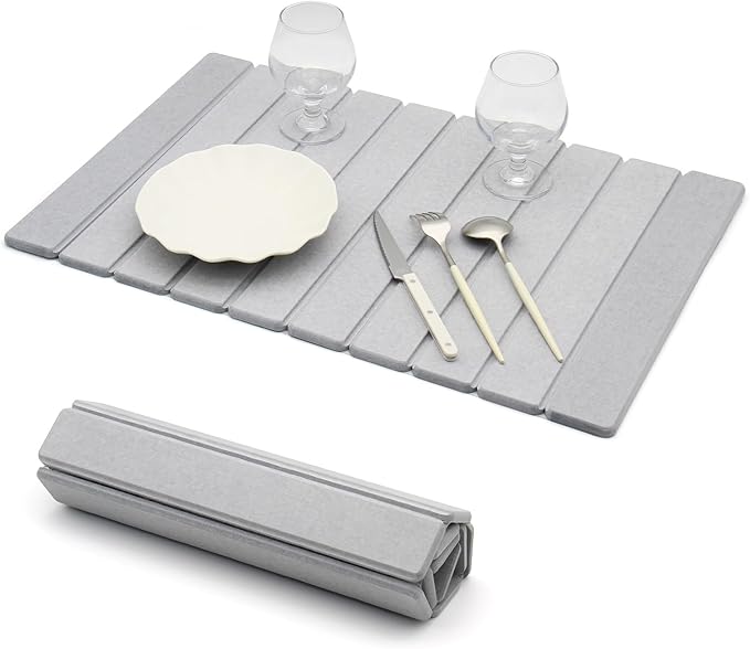Stone Dish Drying Mat for Kitchen Counter - Large Foldable Collapsible Quick Drying Dish Mats Ultra Absorbent Diatomaceous Earth Mats for Kitchen Dishes Bottles Cups Bathroom -Light Gray