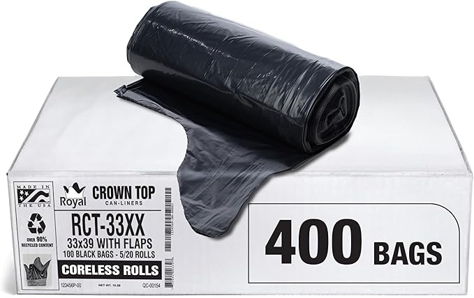 Aluf Plastics 33 Gallon 1.7 MIL (eq) Black Heavy Duty Trash Bags with E-Z Tie Flap Closure - 33 x 39 - Pack of 400 - For Industrial Janitorial &amp Contractor &amp Hospitality
