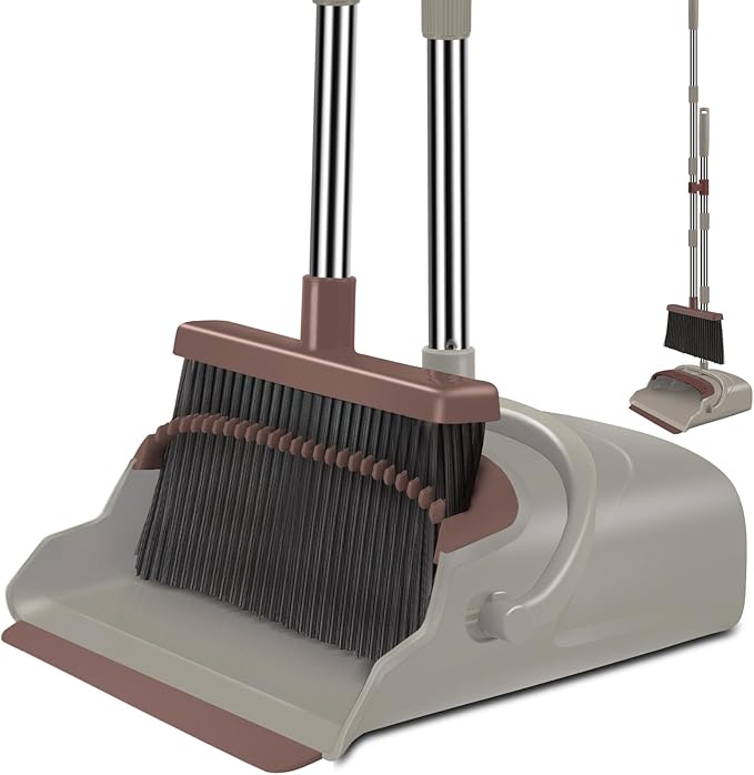 kelamayi Upgrade Broom and Dustpan Set Self-Cleaning with Dustpan Teeth Ideal for Dog Cat Pets Home Use Super Long Handle Upright Stand Up Broom and Dustpan Set (Brown)