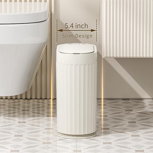 MRBIN Small Trash Can for Bathroom Automatic Touch Less Garbage Bin with Lid 2 Gallon Plastic Slim Waste Basket for Office and Kitchen Electric Motion Sensor Bedroom Bin Cream White