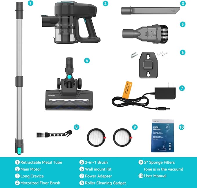 N300 Cordless Vacuum Cleaner 20Kpa Suction Lightweight Stick Vacuum for Carpet and Hard Floor with Attachments