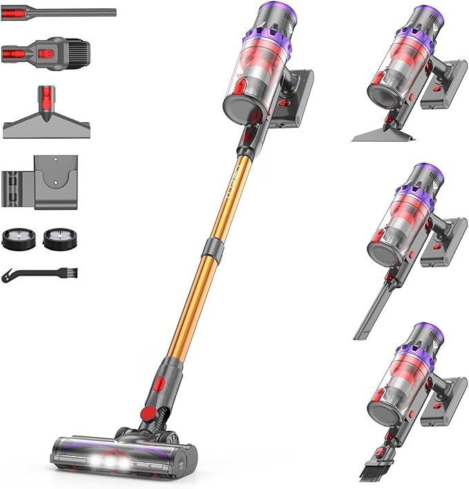 Coovy SU7 Cordless Vacuum Cleaner 580W 50Kpa 80 Minutes Runtime Stick Vacuum with Touch Screen Anti-Tangle Wireless Powerful Lightweight LED Vac for Home Pet Hair Carpet Hardwood Gold