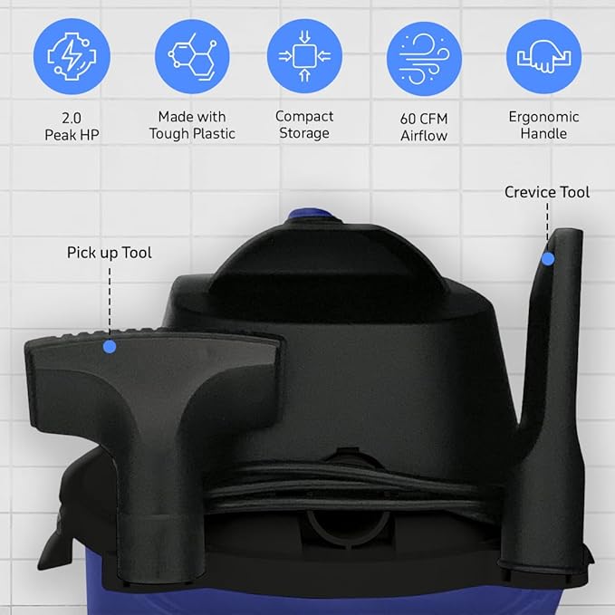 Koblenz WD-2L Portable Wet Dry Vacuum 2-Gallon 2 PHP Suction Plus Blower Vacuum Cleaner for Liquids Dust Pet Hairs 10' Reach Ideal for Home Car Garage Shop Accessories Included Blue/Black