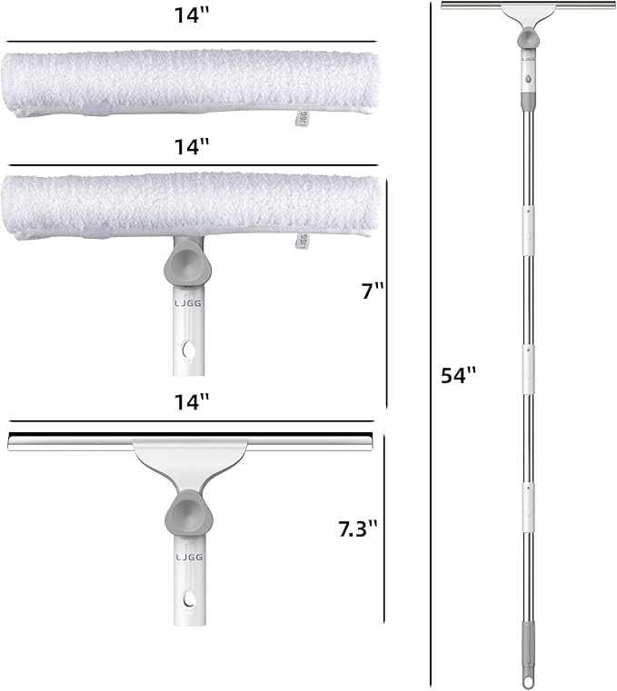 Window Cleaning Squeegee Kit 14 Silicone Blade and Microfiber Scrubber with 54 Aluminum Handle 2-in-1 Rotating Window Cleaner for Glass Doors Shower Mirrors and Home Windows – LJGG (Gray/White)