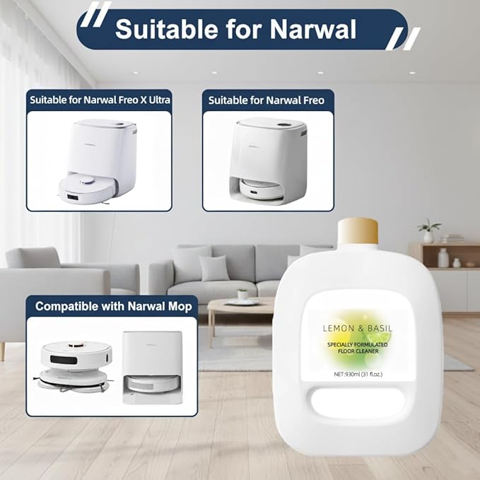 Floor Cleaning Solution Compatible With NARWAL Robot Vacuum And Mop Cleaner(Model Freo | Freo X Ultra). Residue &amp Streak Free.Deep Cleans For Multiple Hard Floors.LEMON &amp BASIL Scent(2 bottle)
