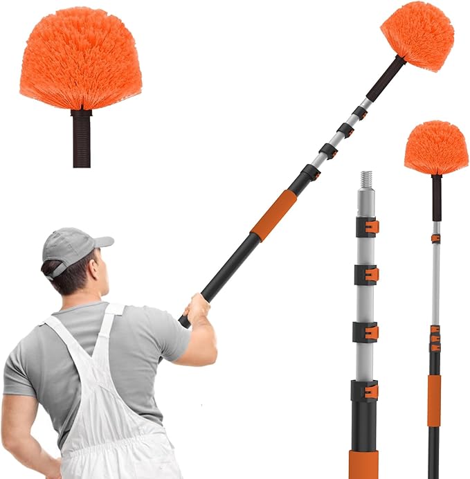 36FT Reach Cobweb Duster with Extension Pole High Ceiling Long Duster with 7-30FT Telescoping Pole Spider Web Brush for Indoor Outdoor Use